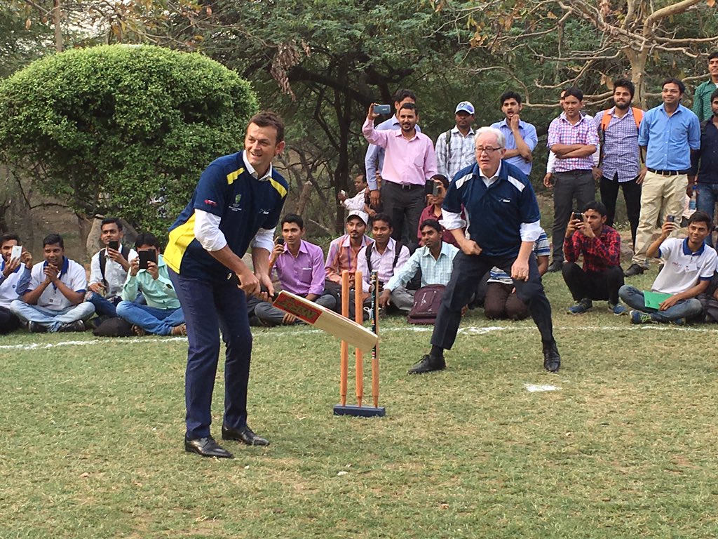 Promoting Aus-India Skills Development - some fun at the end of the day for AndrewRobb and Adam Gilchrist. photo: Shubho Banerjee