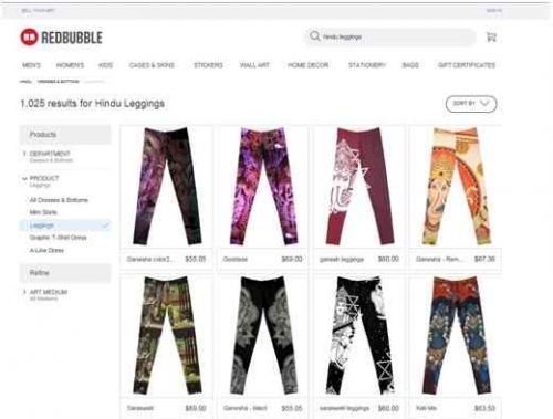 Hindu Gods imprinted on leggings, being sold on Redbubble