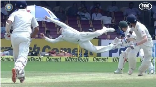 Steve Smith takes a flying catch to dismiss India's Lokesh Rahul. @Fox Sports