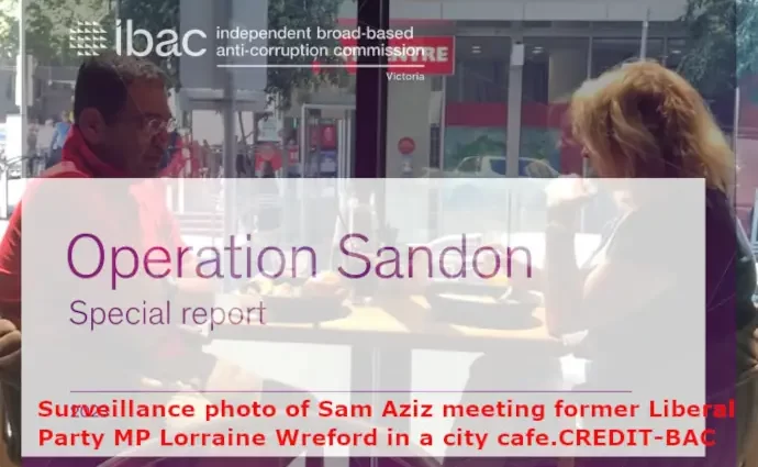 Operation Sandon - Surveillance photo of Sam Aziz + former Liberal Party MP Lorraine Wreford in a city cafe.