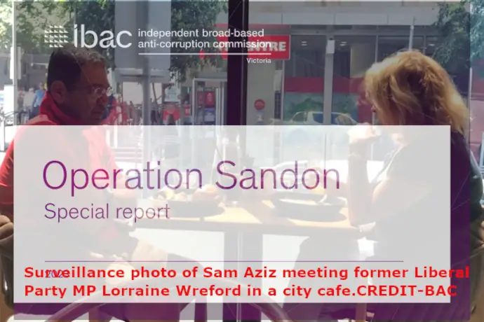 Operation Sandon - Surveillance photo of Sam Aziz + former Liberal Party MP Lorraine Wreford in a city cafe.